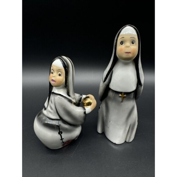 Vintage Signed Geo Z Lefton Baseball Nuns K1428 Ceramic Japan 1950s Figurine Set - Picture 1 of 14